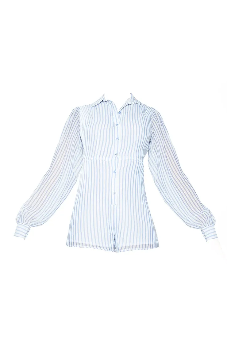 Combishort style chemise bleu à manches ballon et rayures