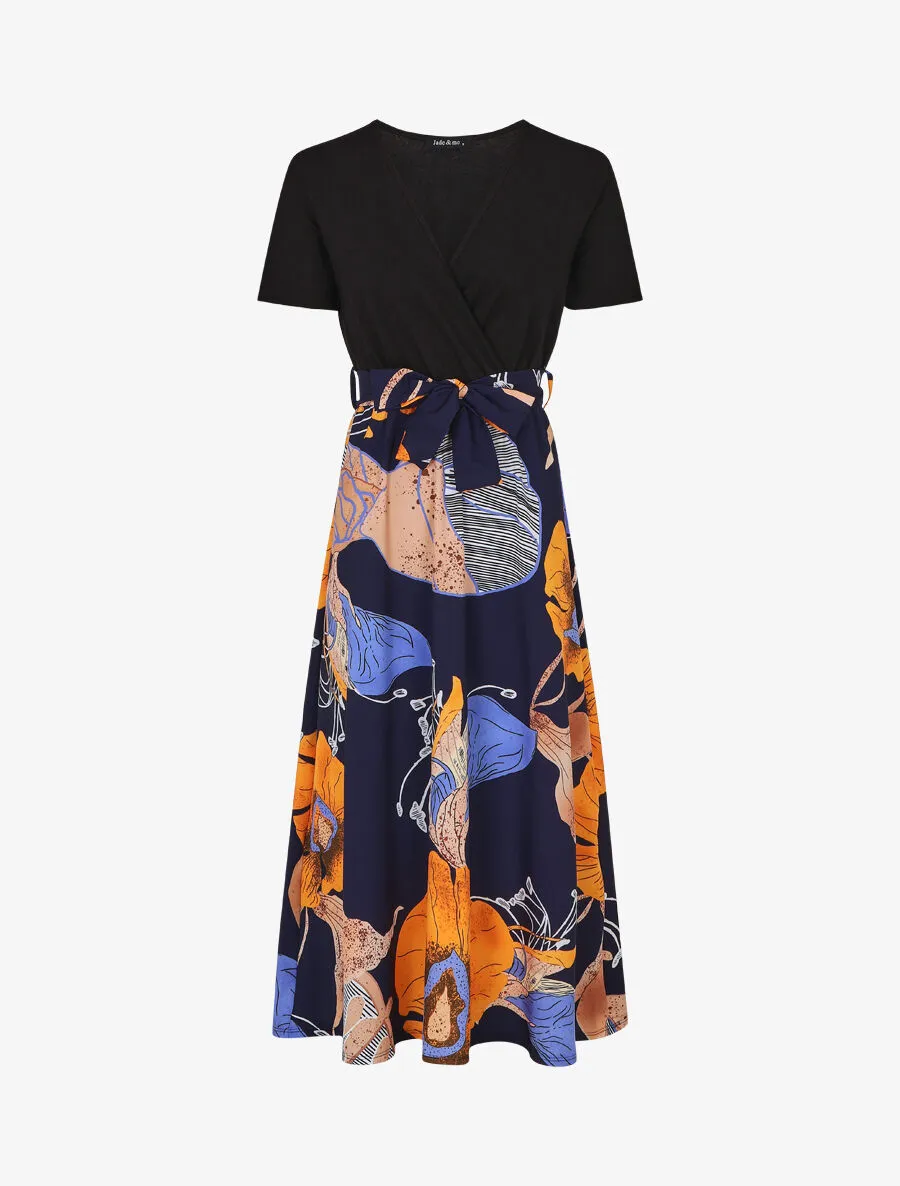 Robe longue manches courtes imprimé grandes fleurs - Marine