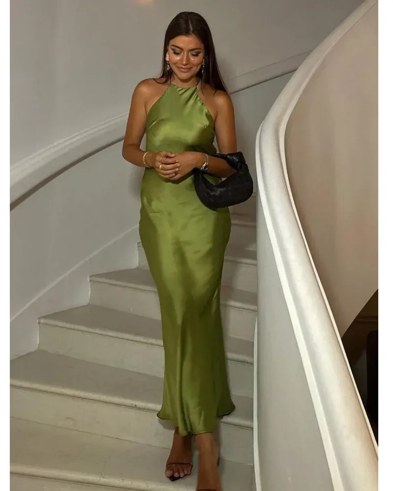 Robe longue satin jaune citron vert