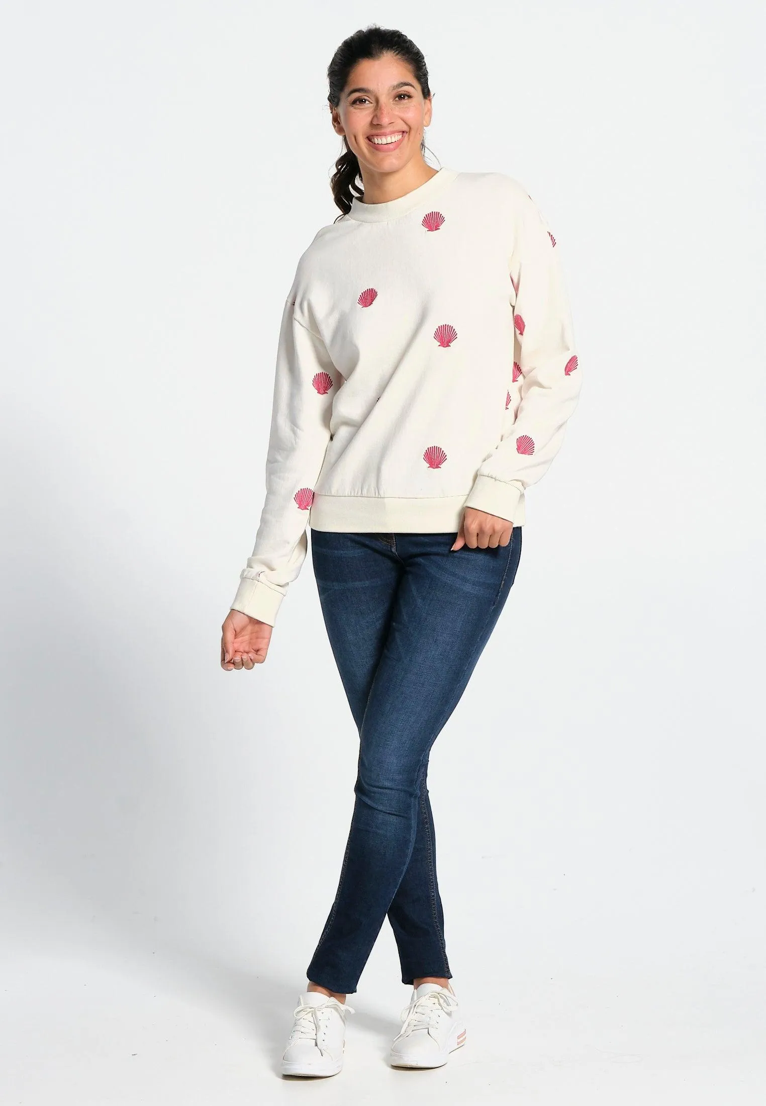 Sweatshirt femme col rond, broderie coquillage, finitions ctelées